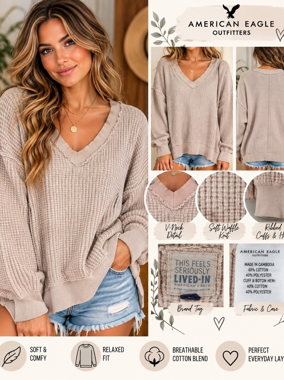 American Eagle Outfitters Women's V-Neck Waffle Knit Sweater - Light Taupe